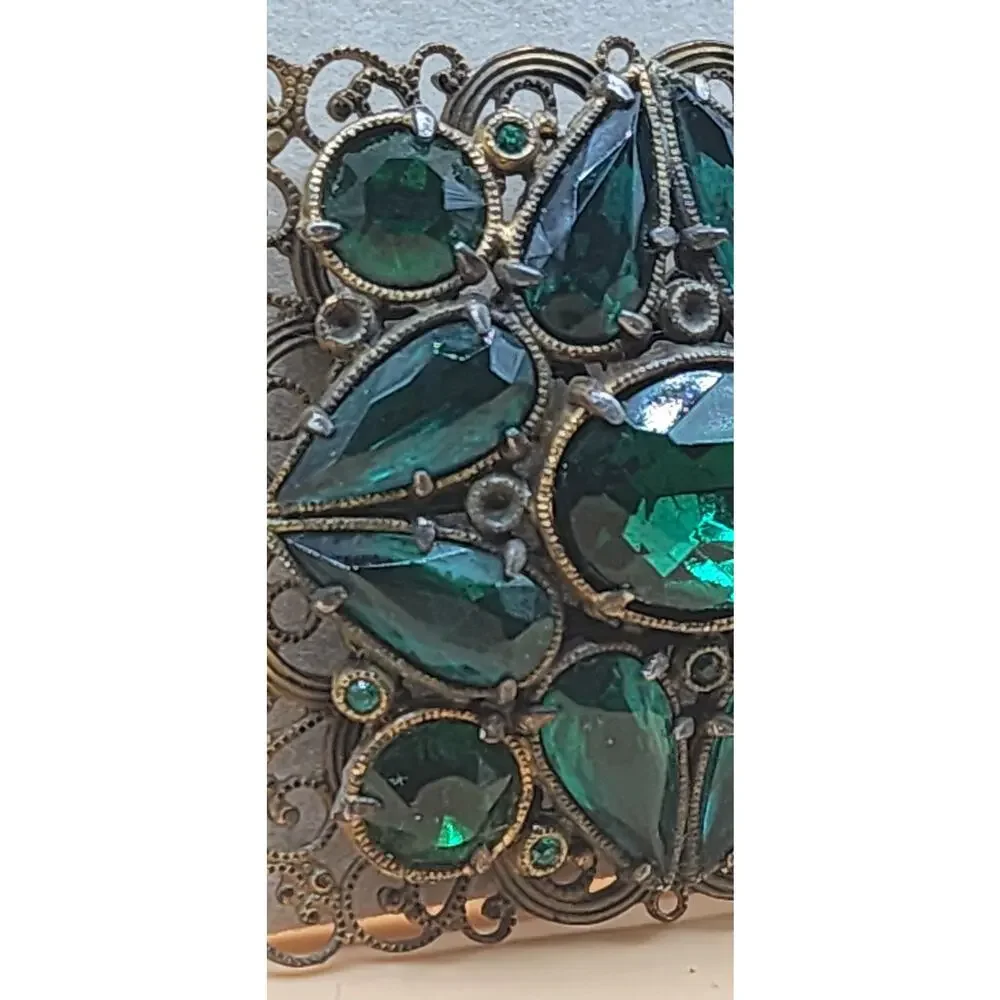 Vintage Sterling Button Co NY Green Glass Rhinestone Filigree Brooch Art DecoEra
